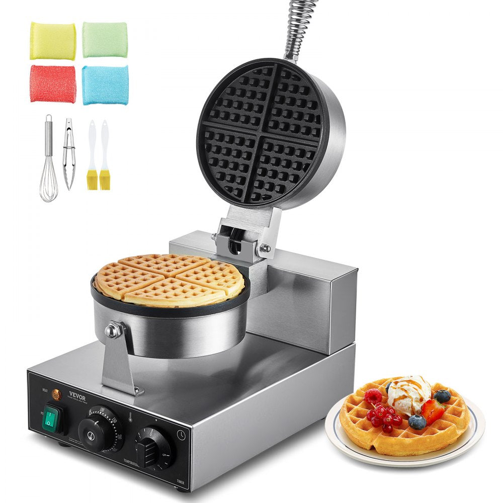 VEVOR Commercial Waffle Maker, 1230W Round Waffle Baker Machine, Non-Stick Stainless Steel Belgian Waffle Iron with