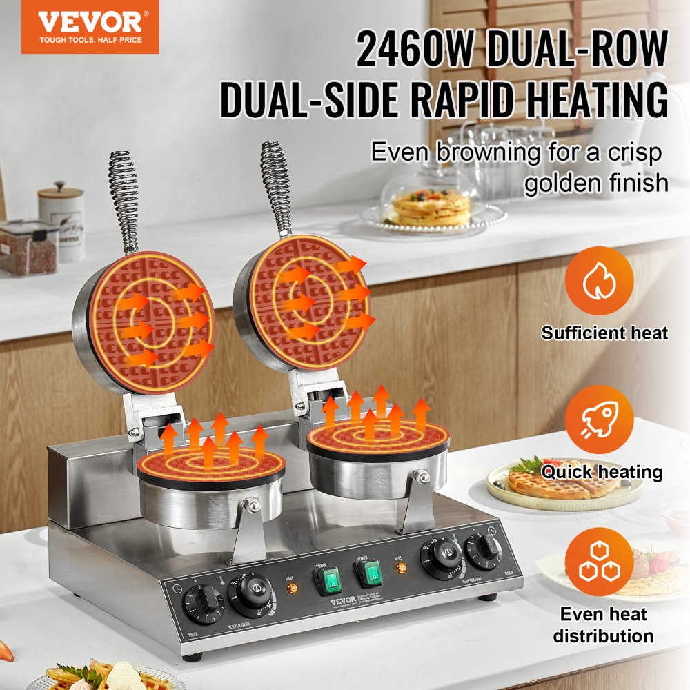 VEVOR Commercial Waffle Maker, Dual-Head Round Waffle Baker Machine, 2460W Non-Stick Stainless Steel Belgian Waffle