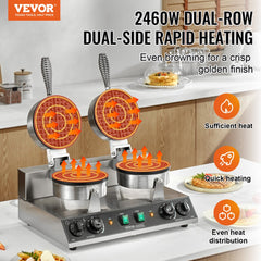 VEVOR Commercial Waffle Maker, Dual-Head Round Waffle Baker Machine, 2460W Non-Stick Stainless Steel Belgian Waffle