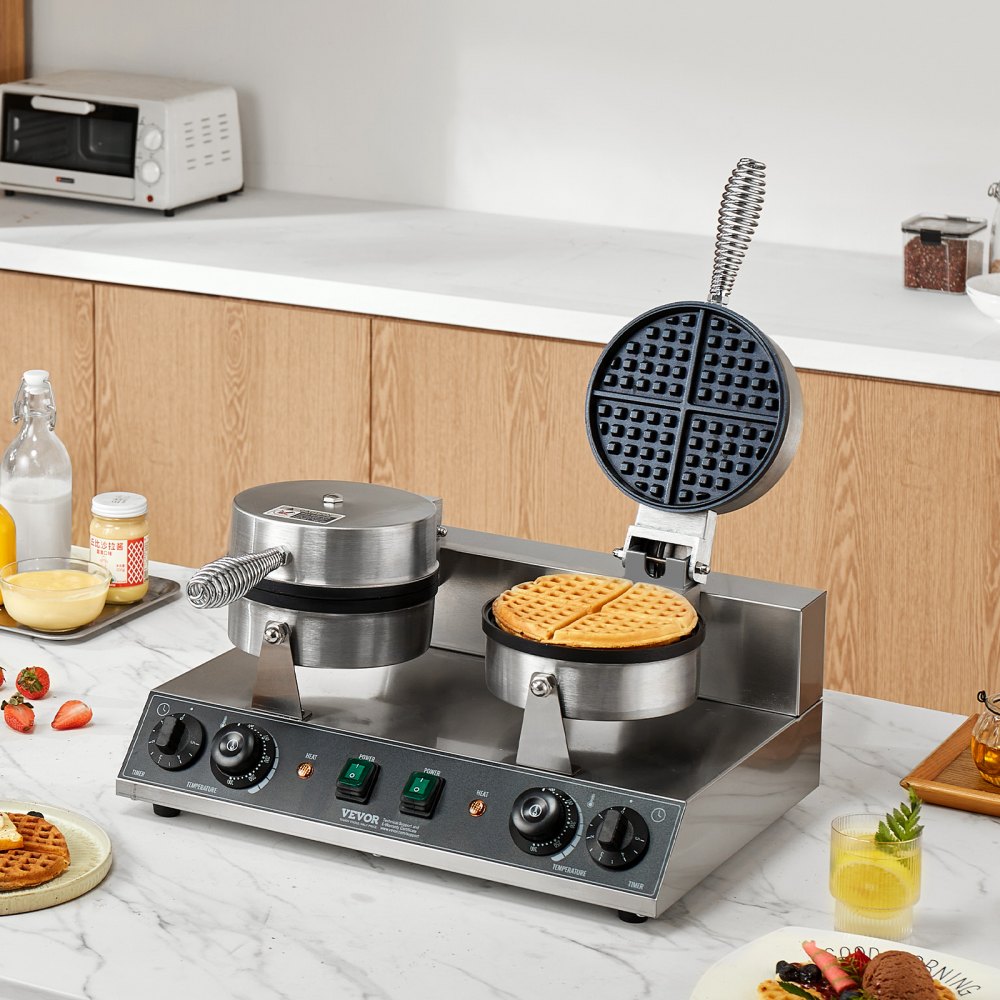 VEVOR Commercial Waffle Maker, Dual-Head Round Waffle Baker Machine, 2460W Non-Stick Stainless Steel Belgian Waffle