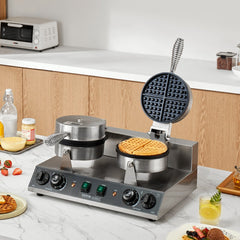 VEVOR Commercial Waffle Maker, Dual-Head Round Waffle Baker Machine, 2460W Non-Stick Stainless Steel Belgian Waffle