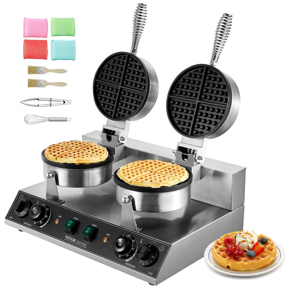 VEVOR Commercial Waffle Maker, Dual-Head Round Waffle Baker Machine, 2460W Non-Stick Stainless Steel Belgian Waffle