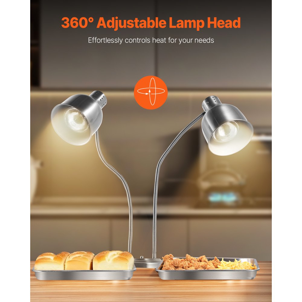 VEVOR Food Heat Lamp, 500W Electric Commercial Food Warmer Light, 2-Head Stainless Steel French Fry Heating Lamp with 3