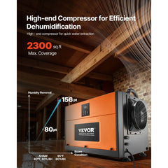 VEVOR 156 Pints Commercial Dehumidifier with Drain Hose, Portable Crawl Space Dehumidifiers for Basement Storage Room