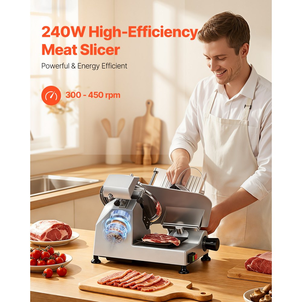 VEVOR 10" Commercial Meat Slicer, 240W Electric Deli Food Slicer with Carbon Steel Blade, Built-In Sharpener & 0-0.47"