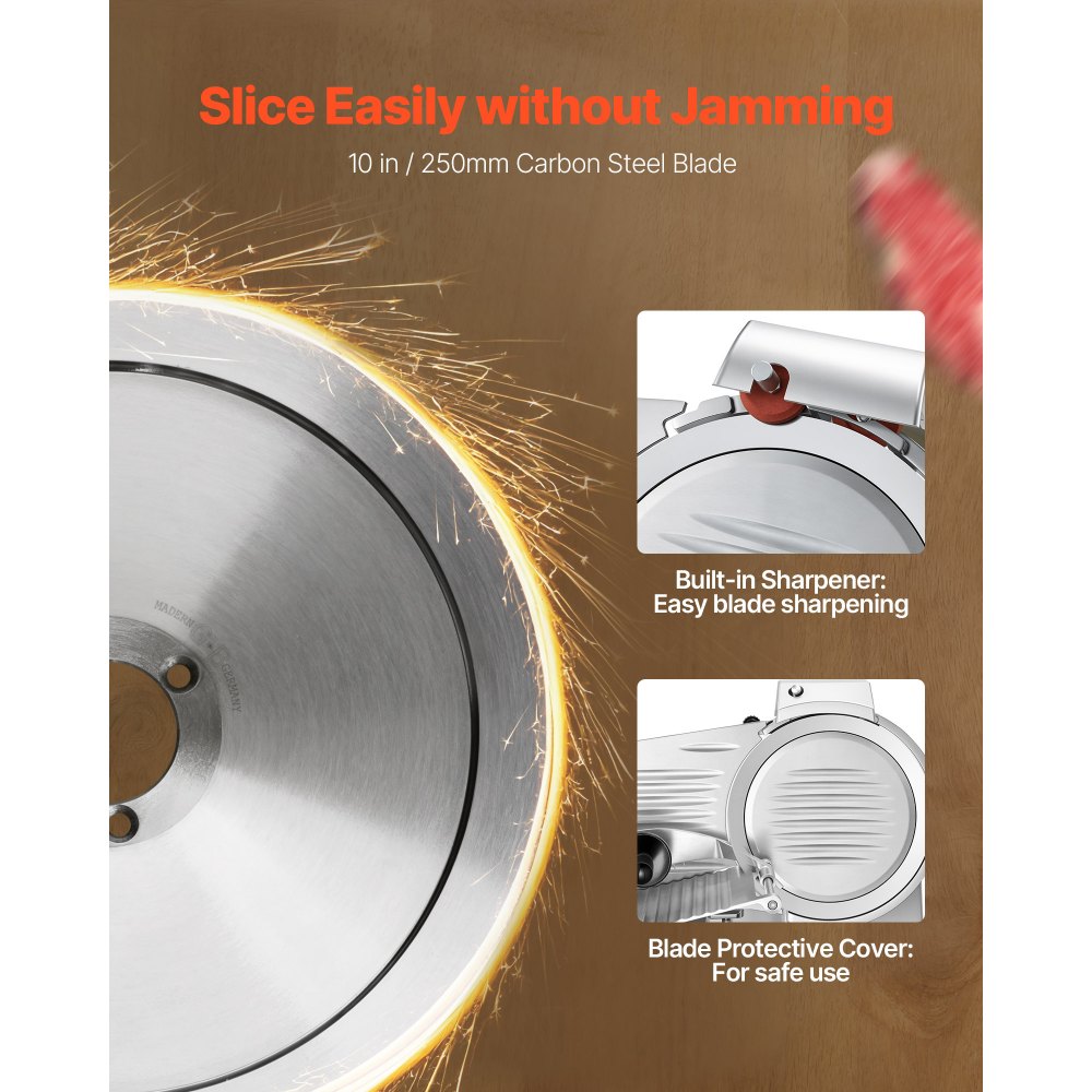VEVOR 10" Commercial Meat Slicer, 240W Electric Deli Food Slicer with Carbon Steel Blade, Built-In Sharpener & 0-0.47"
