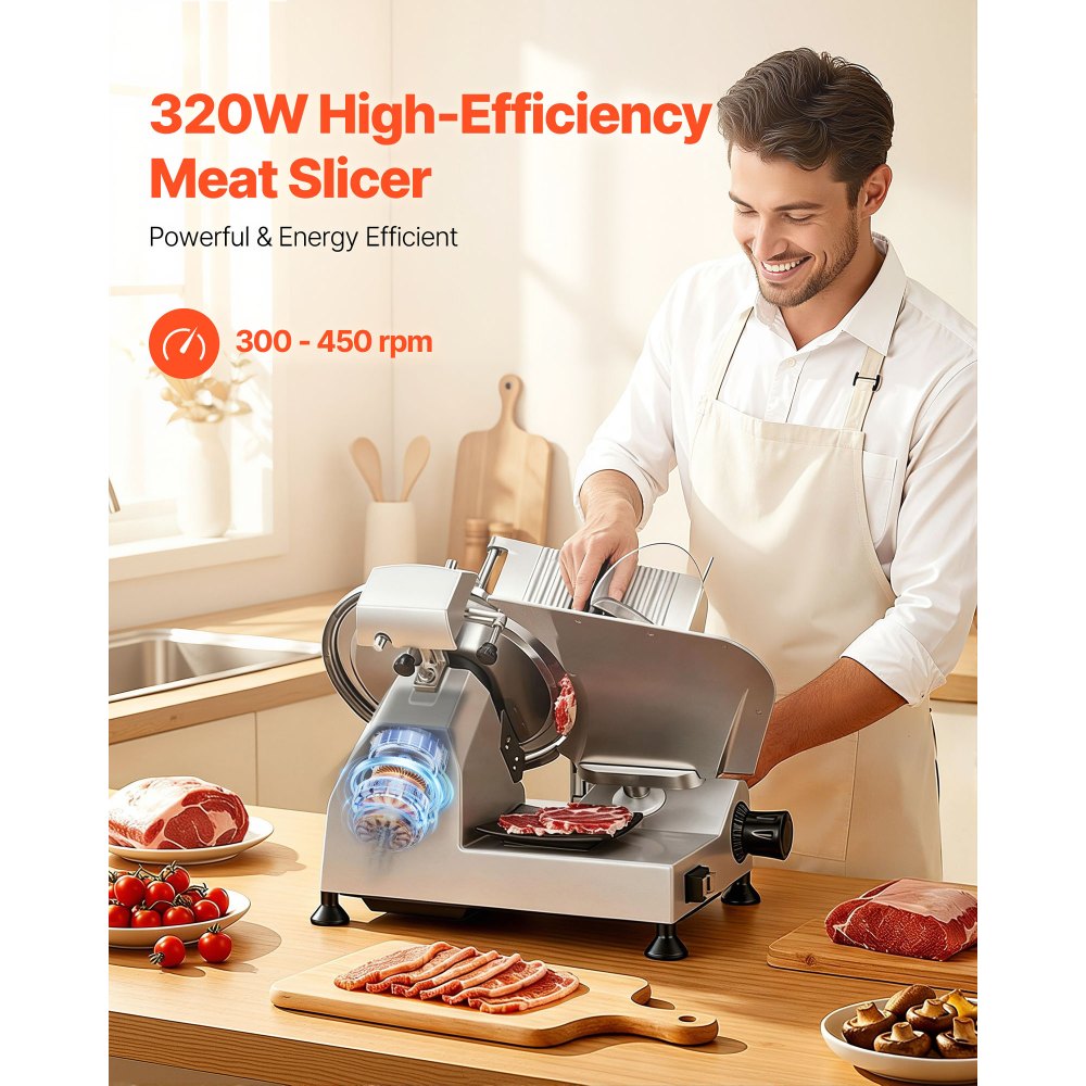VEVOR Commercial Meat Slicer, 320W Electric Deli Food Slicer with 12" Carbon Steel Blade, Built-In Sharpener & 0-0.6"