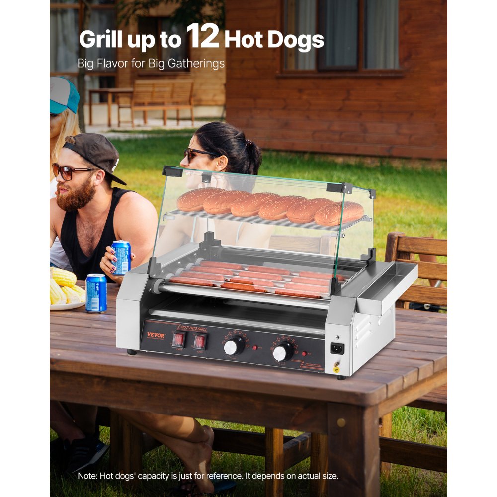 VEVOR Hot Dog Roller, 12 Hot Dog 5 Rollers, Stainless Steel Sausage Grill Cooker, 750W Commercial Hot Dog Machine with