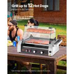 VEVOR Hot Dog Roller, 12 Hot Dog 5 Rollers, Stainless Steel Sausage Grill Cooker, 750W Commercial Hot Dog Machine with