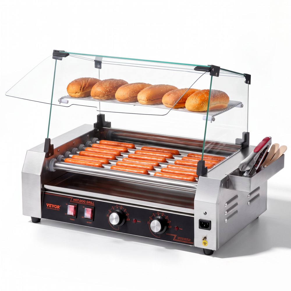 VEVOR Hot Dog Roller, 18 Hot Dog 7 Rollers, Stainless Steel Sausage Grill Cooker, 1050W Commercial Hot Dog Machine with