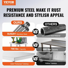 VEVOR Stainless Steel Work Table 12 x 24 x 34 Inch, 700 LBS Load Capacity with 4 Wheels, 3 Adjustable Height Levels