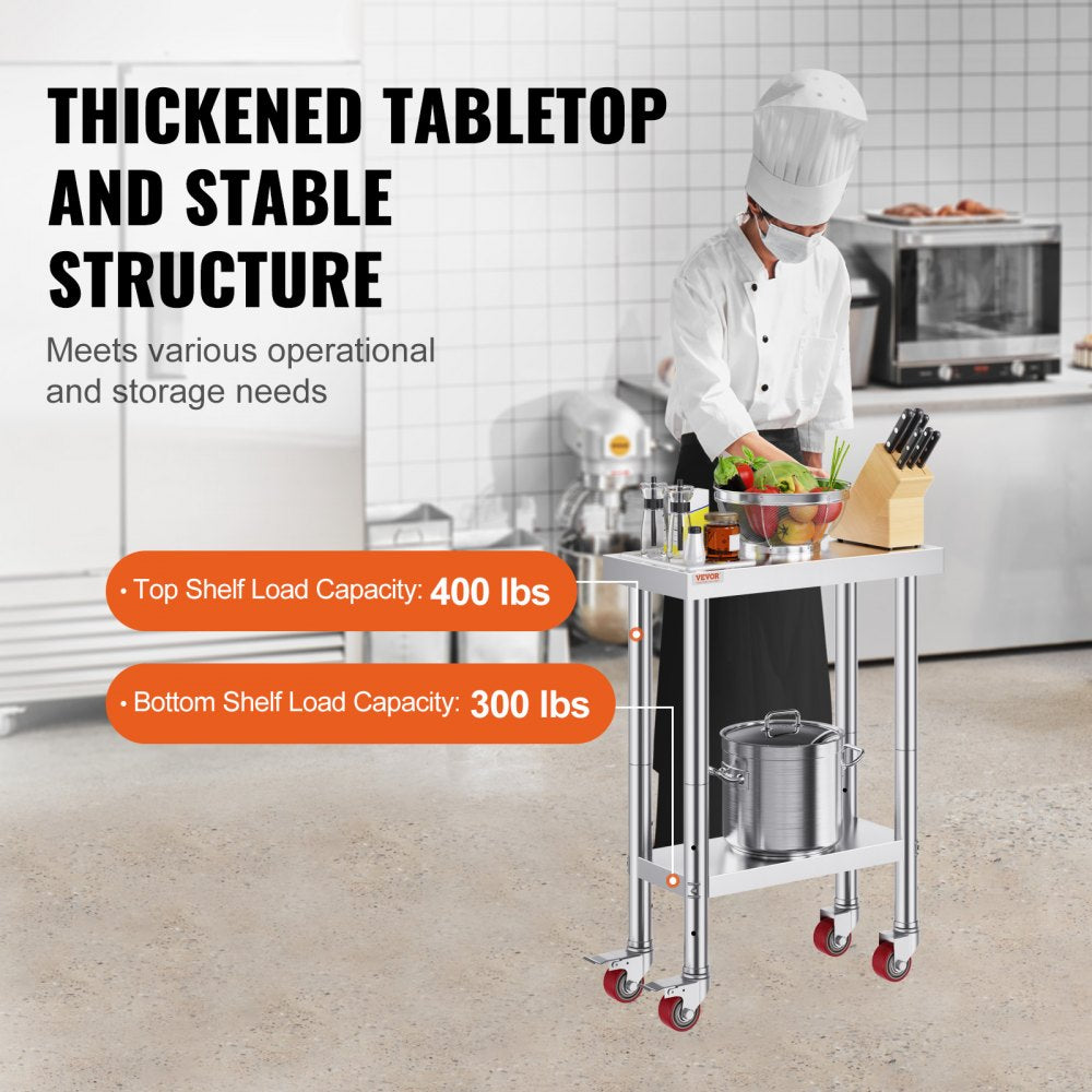 VEVOR Stainless Steel Work Table 12 x 24 x 34 Inch, 700 LBS Load Capacity with 4 Wheels, 3 Adjustable Height Levels