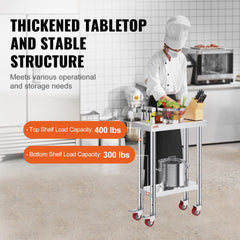 VEVOR Stainless Steel Work Table 12 x 24 x 34 Inch, 700 LBS Load Capacity with 4 Wheels, 3 Adjustable Height Levels