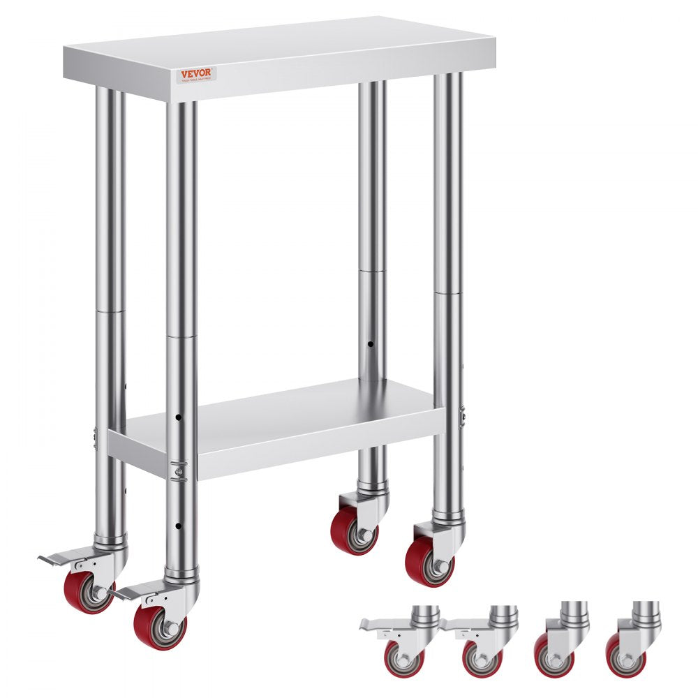 VEVOR Stainless Steel Work Table 12 x 24 x 34 Inch, 700 LBS Load Capacity with 4 Wheels, 3 Adjustable Height Levels