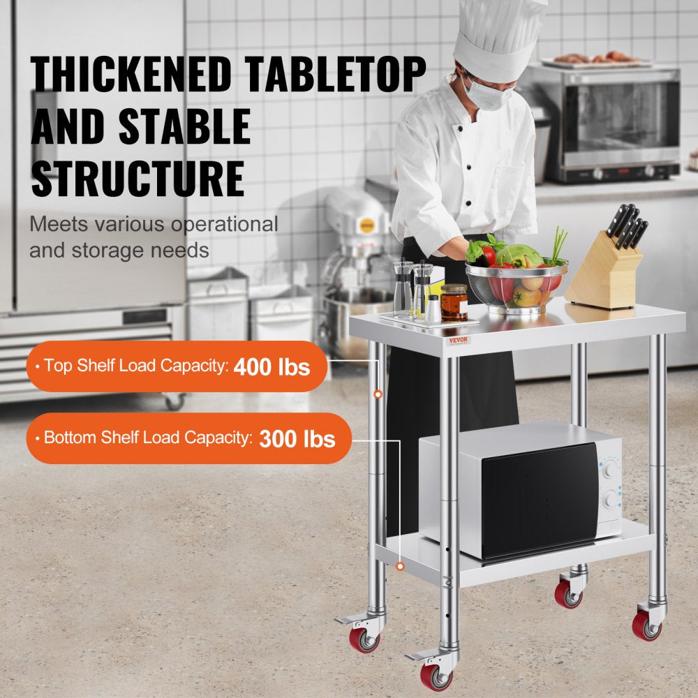 VEVOR Stainless Steel Work Table 30 x 24 x 33 Inch, 700 LBS Load Capacity with 4 Wheels, 3 Adjustable Height Levels