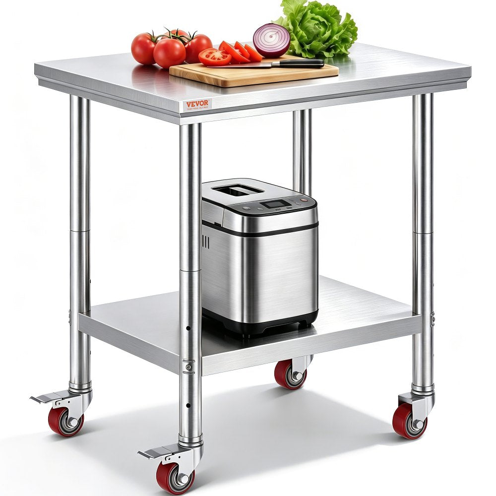 VEVOR Stainless Steel Work Table 30 x 24 x 33 Inch, 700 LBS Load Capacity with 4 Wheels, 3 Adjustable Height Levels