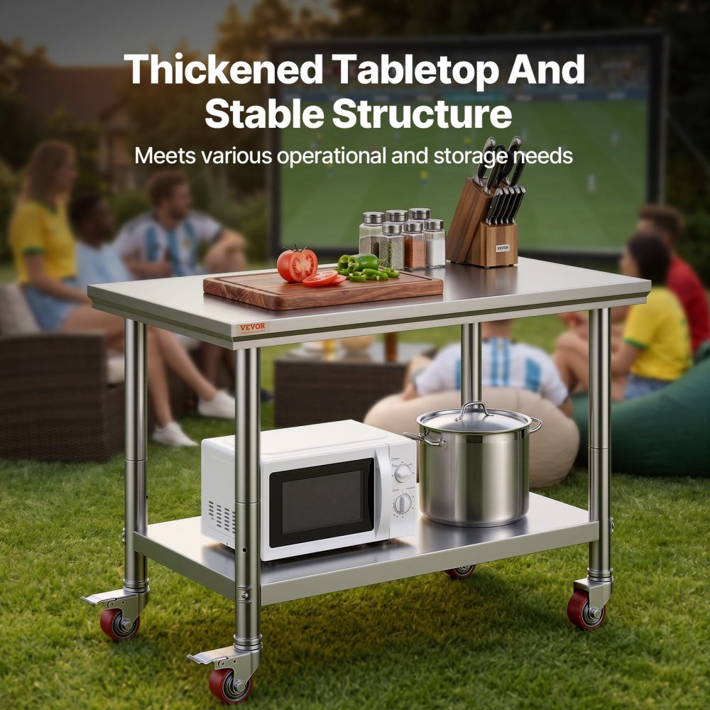VEVOR Stainless Steel Work Table 35 x 24 x 33 Inch, 300 LBS Load Capacity with 4 Wheels, 3 Adjustable Height Levels