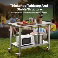 VEVOR Stainless Steel Work Table 35 x 24 x 33 Inch, 300 LBS Load Capacity with 4 Wheels, 3 Adjustable Height Levels