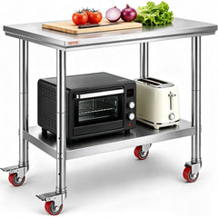 VEVOR Stainless Steel Work Table 35 x 24 x 33 Inch, 300 LBS Load Capacity with 4 Wheels, 3 Adjustable Height Levels