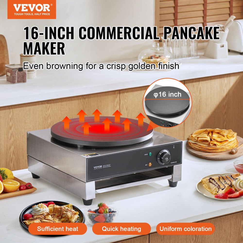 VEVOR Electric Crepe Maker, 16-Inch Commercial Crepe Machine, 1700W Flat Plate Crepe Griddle, Nonstick Stainless Steel