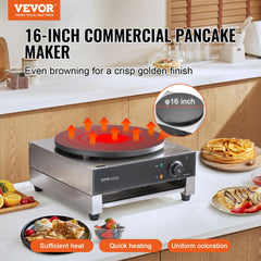 VEVOR Electric Crepe Maker, 16-Inch Commercial Crepe Machine, 1700W Flat Plate Crepe Griddle, Nonstick Stainless Steel