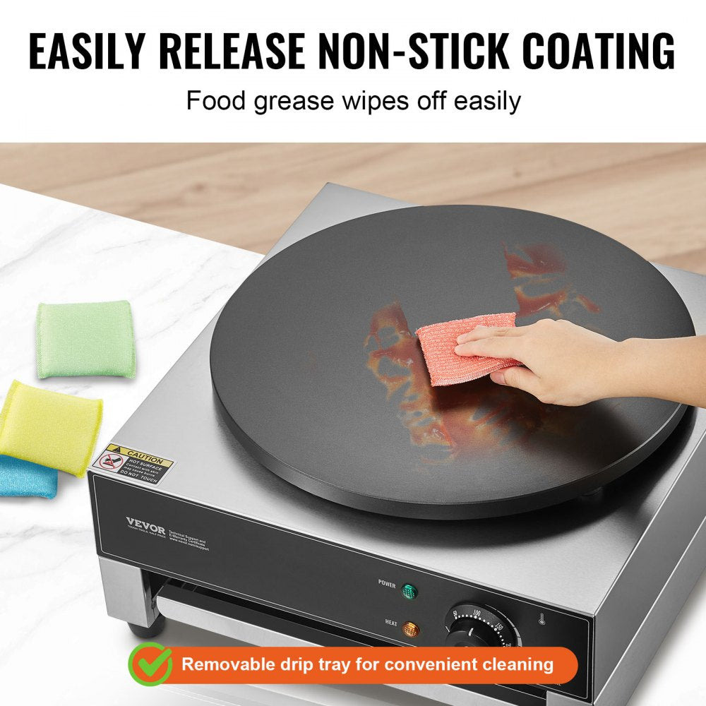 VEVOR Electric Crepe Maker, 16-Inch Commercial Crepe Machine, 1700W Flat Plate Crepe Griddle, Nonstick Stainless Steel