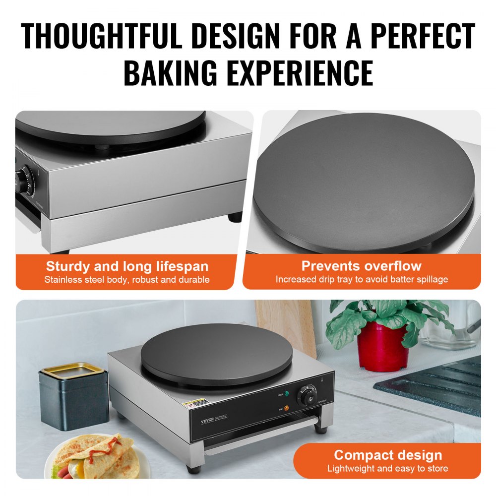 VEVOR Electric Crepe Maker, 16-Inch Commercial Crepe Machine, 1700W Flat Plate Crepe Griddle, Nonstick Stainless Steel
