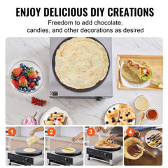 VEVOR Electric Crepe Maker, 16-Inch Commercial Crepe Machine, 1700W Flat Plate Crepe Griddle, Nonstick Stainless Steel