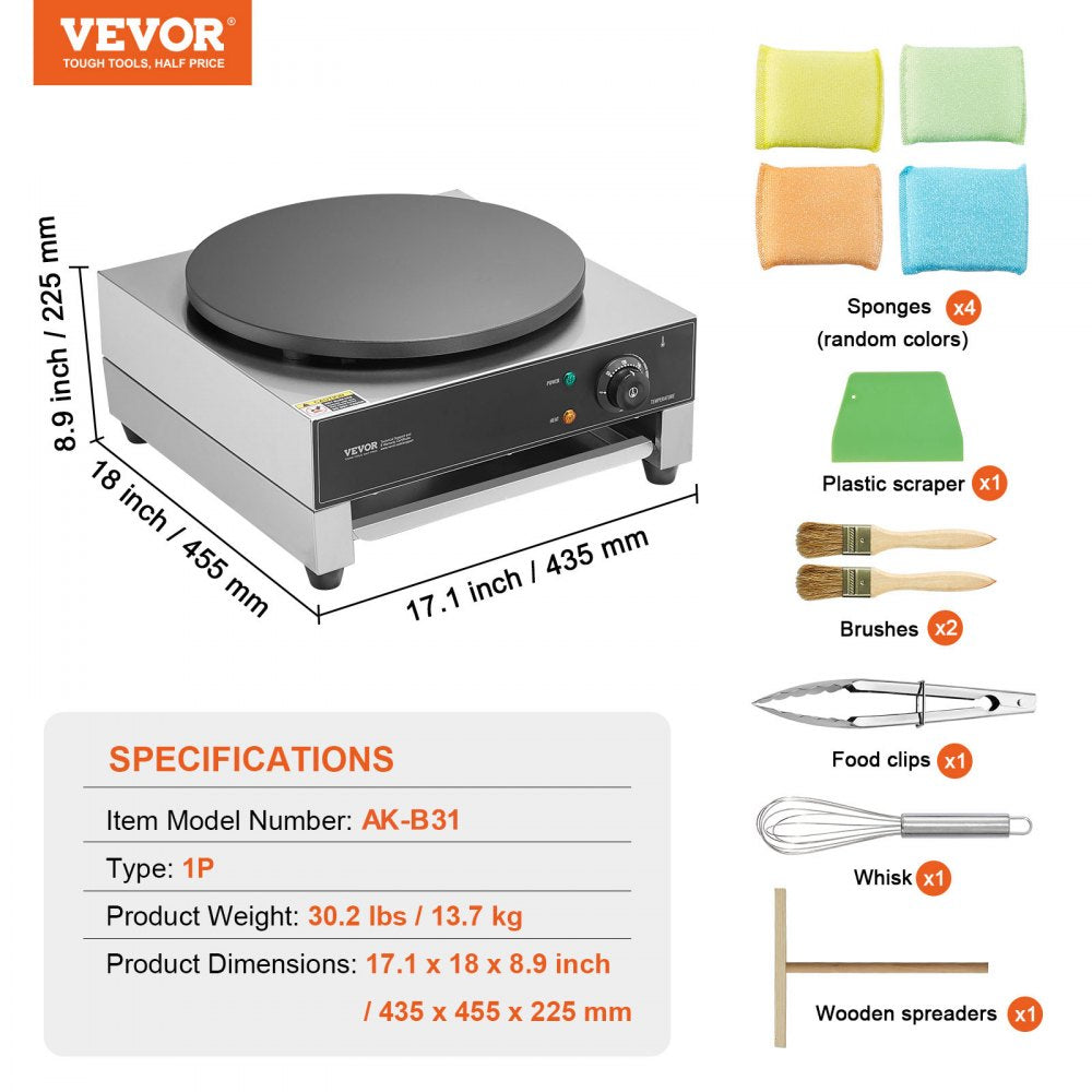 VEVOR Electric Crepe Maker, 16-Inch Commercial Crepe Machine, 1700W Flat Plate Crepe Griddle, Nonstick Stainless Steel