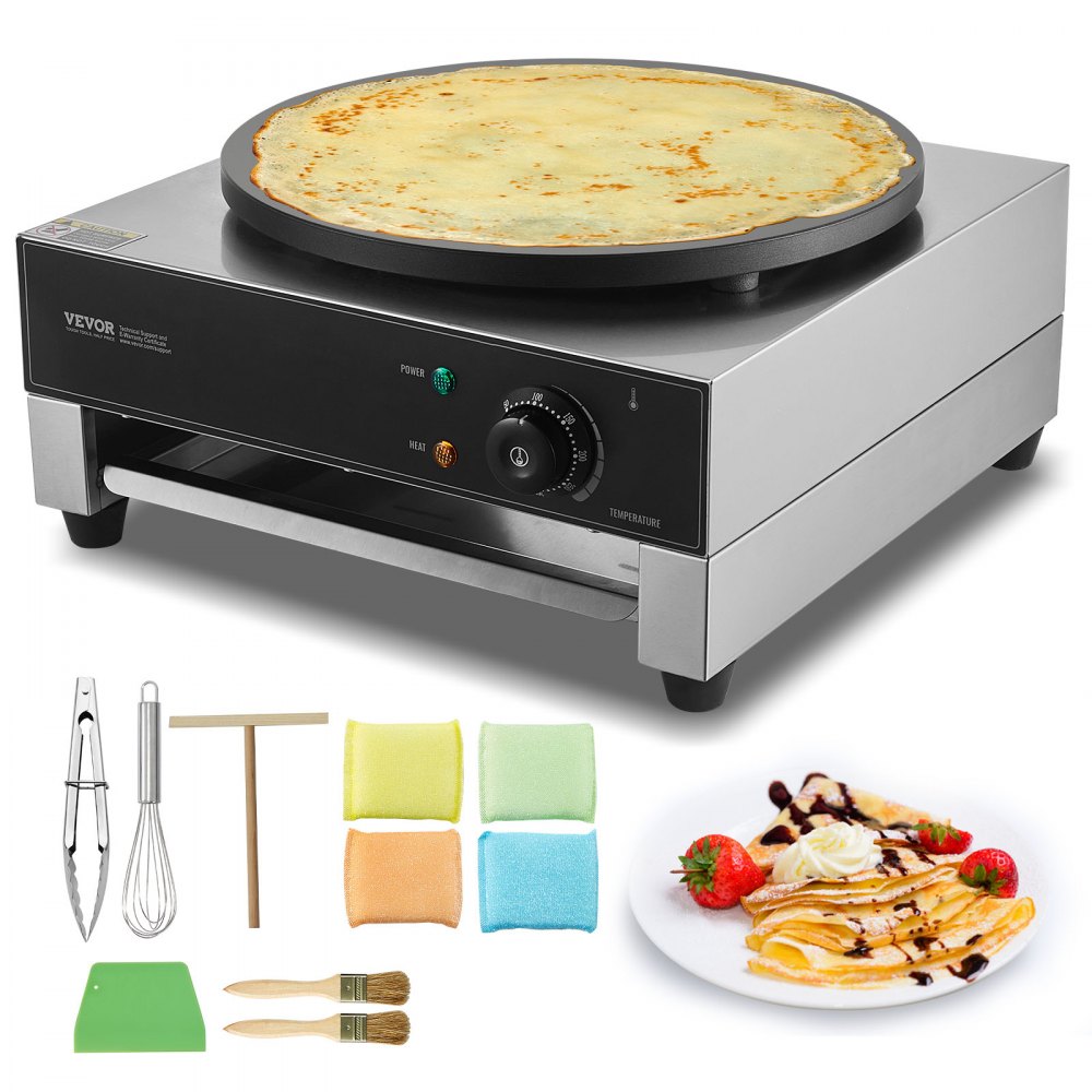 VEVOR Electric Crepe Maker, 16-Inch Commercial Crepe Machine, 1700W Flat Plate Crepe Griddle, Nonstick Stainless Steel