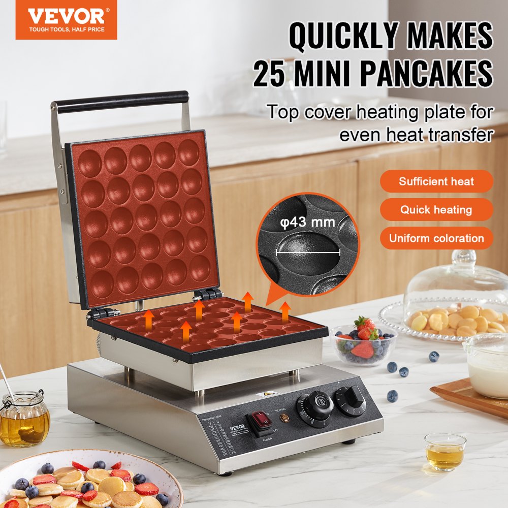 VEVOR Mini Dutch Pancake Maker, 25PCS 43mm Diameter Dorayaki Baker Machine, 1700W Commercial Electric Poffertjes Grill