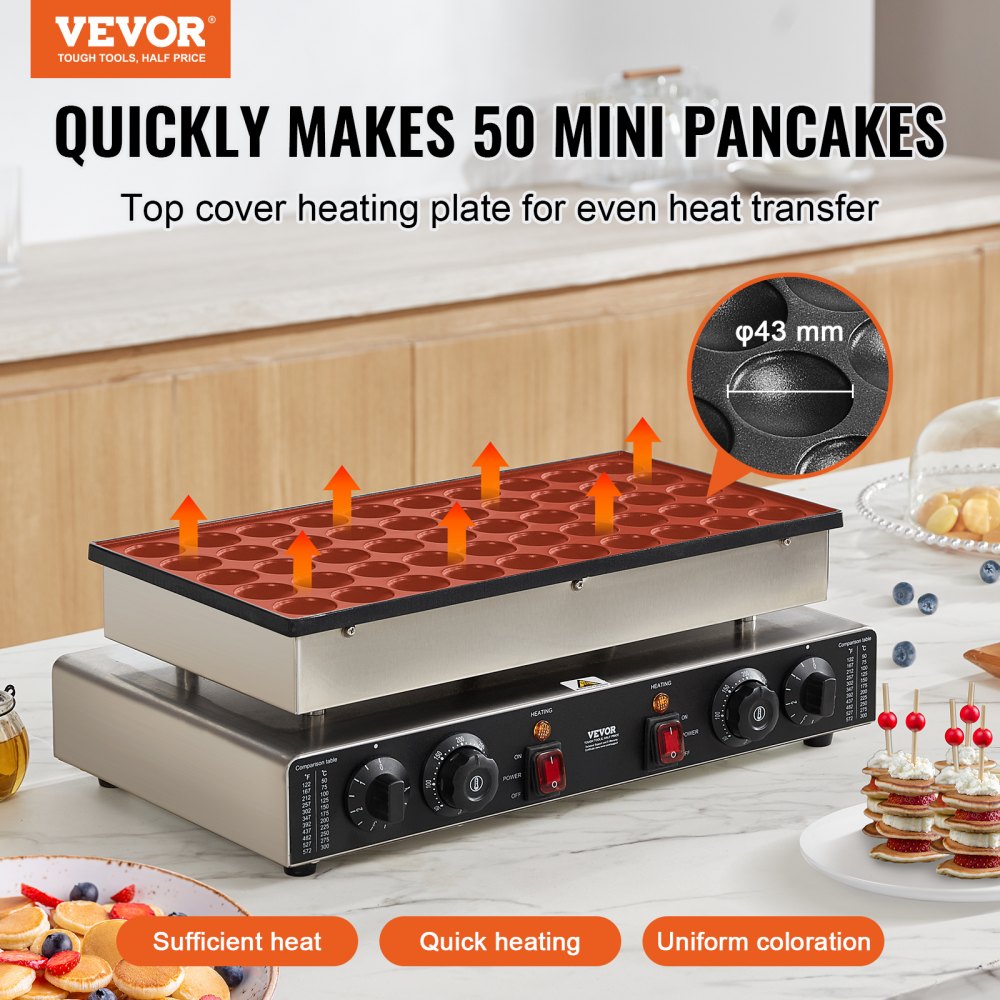 VEVOR Mini Dutch Pancake Maker, 50PCS 43mm Diameter Dorayaki Baker Machine, 1700W Commercial Electric Poffertjes Grill