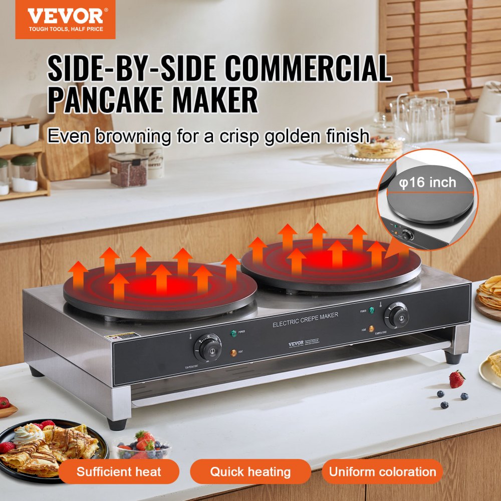 VEVOR Electric Crepe Maker, 16-Inch Double Head Commercial Crepe Machine, 3400W Flat Plate Crepe Griddle, Nonstick