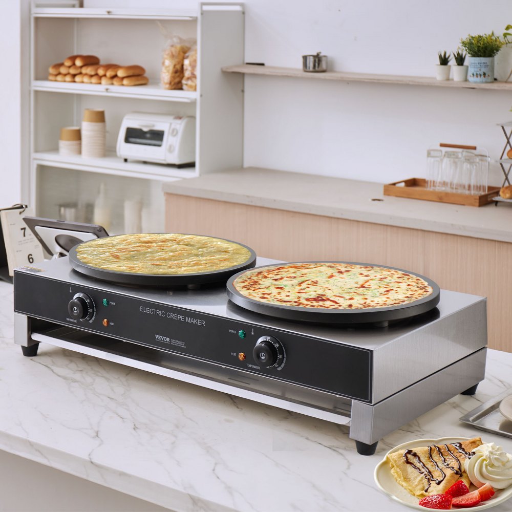 VEVOR Electric Crepe Maker, 16-Inch Double Head Commercial Crepe Machine, 3400W Flat Plate Crepe Griddle, Nonstick