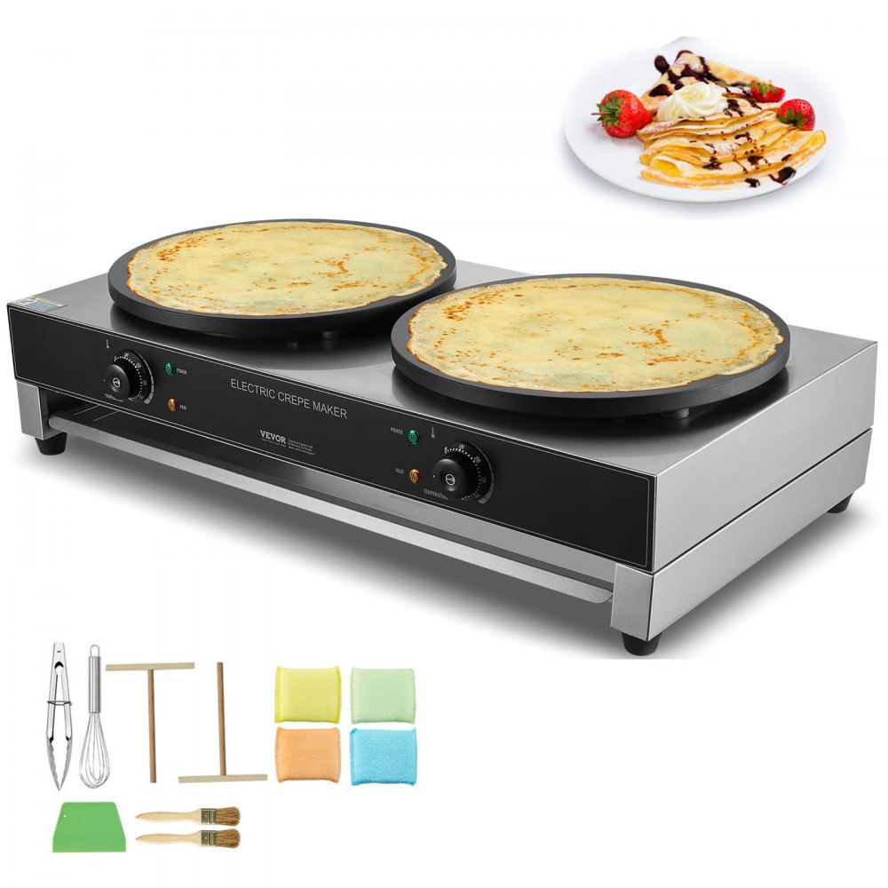 VEVOR Electric Crepe Maker, 16-Inch Double Head Commercial Crepe Machine, 3400W Flat Plate Crepe Griddle, Nonstick