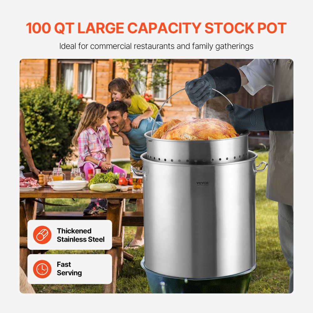 VEVOR Stainless Steel Stockpot, 100 Quart Large Cooking Pots, Cookware Sauce Pot with Basket, Lid, and Handle, Heavy