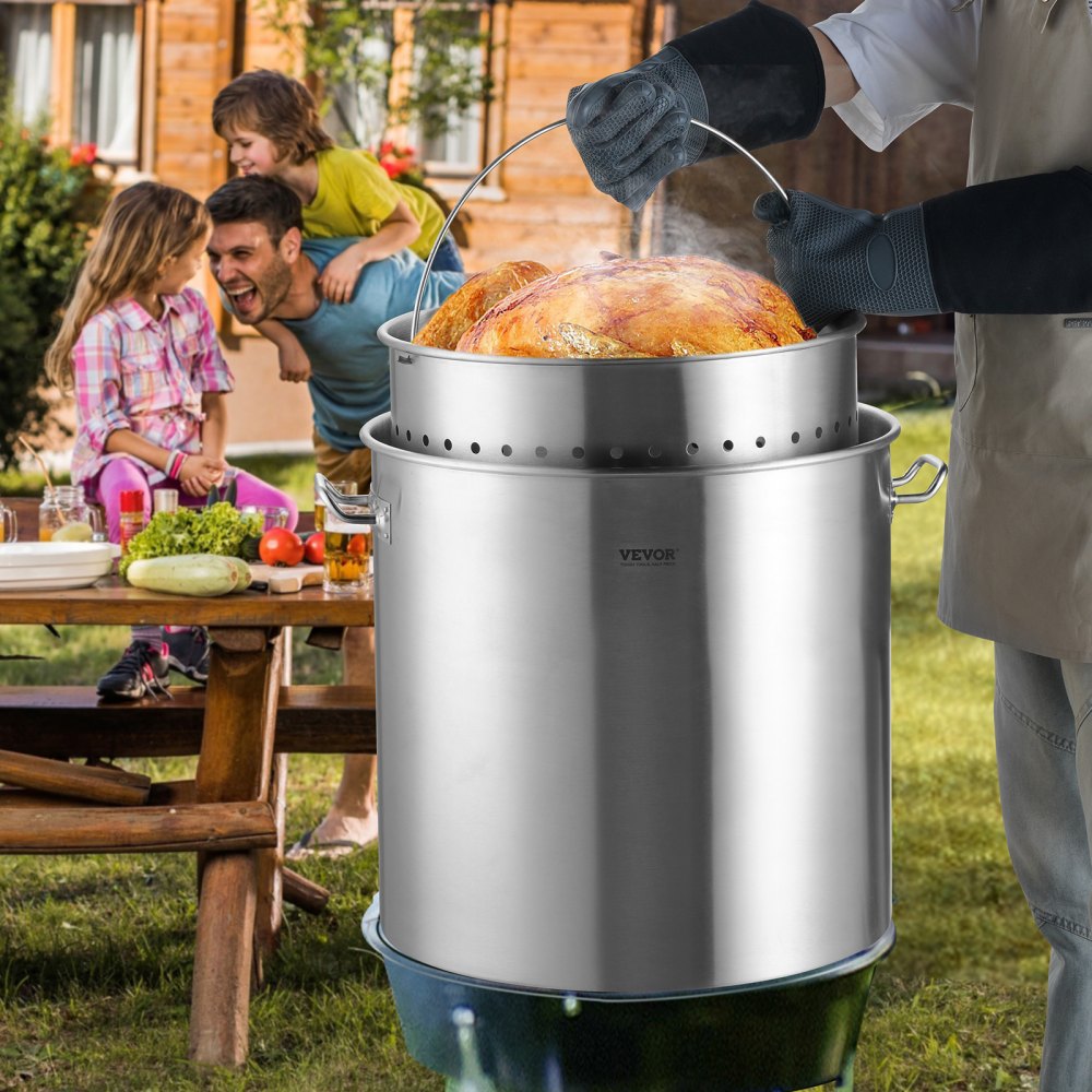 VEVOR Stainless Steel Stockpot, 100 Quart Large Cooking Pots, Cookware Sauce Pot with Basket, Lid, and Handle, Heavy