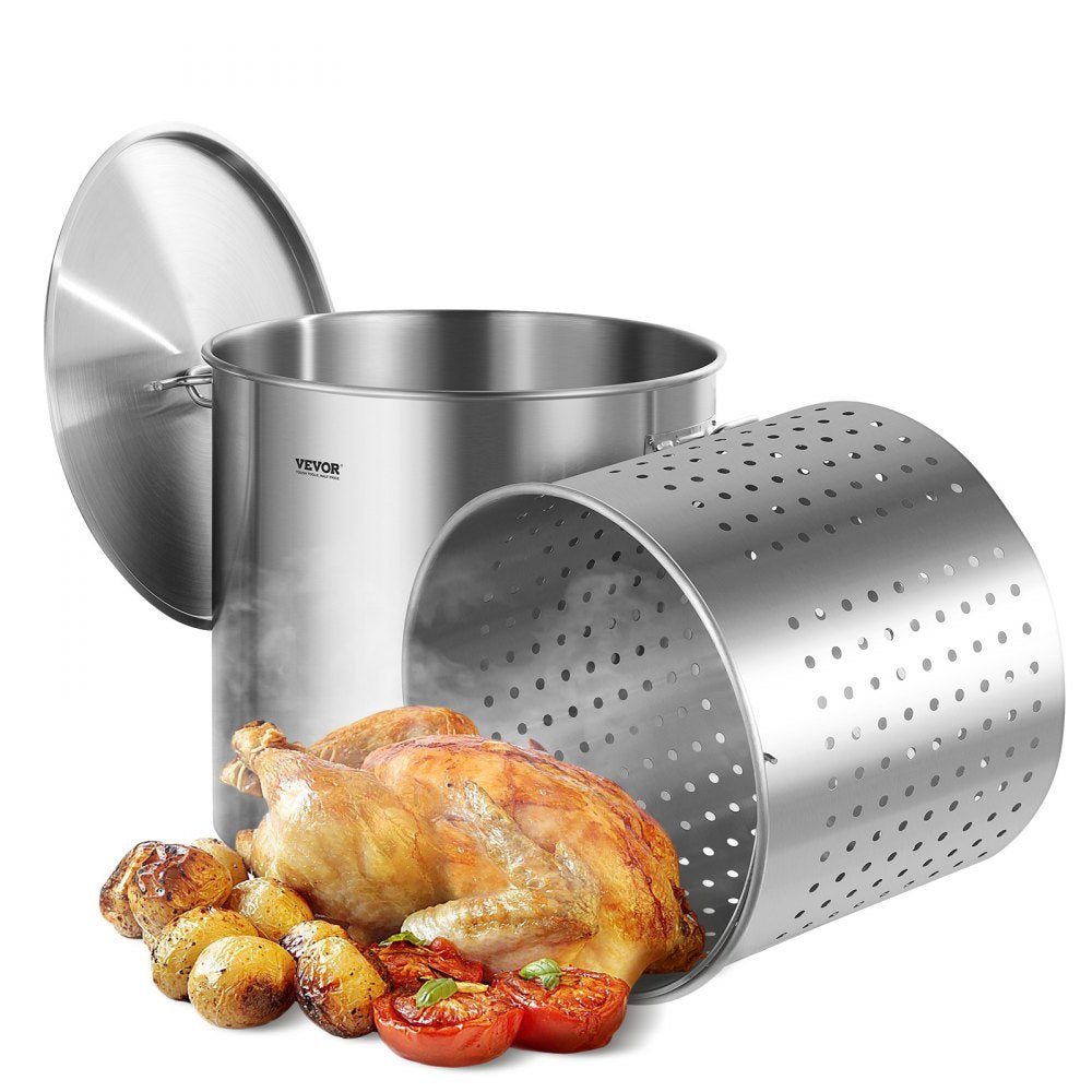 VEVOR Stainless Steel Stockpot, 100 Quart Large Cooking Pots, Cookware Sauce Pot with Basket, Lid, and Handle, Heavy