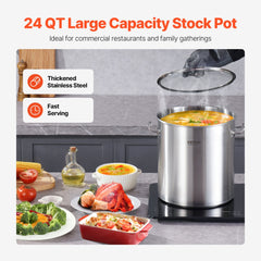VEVOR Stainless Steel Stockpot, 24 Quart Cooking Pots, Cookware Sauce Pot with Lid, and Handle, Heavy Duty Commercial
