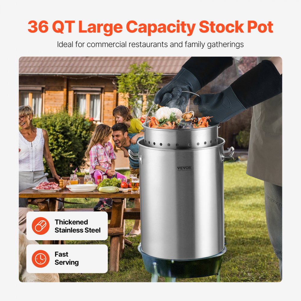VEVOR Stainless Steel Stockpot, 36 Quart Cooking Pots, Cookware Sauce Pot with Basket, Lid, and Handle, Heavy Duty