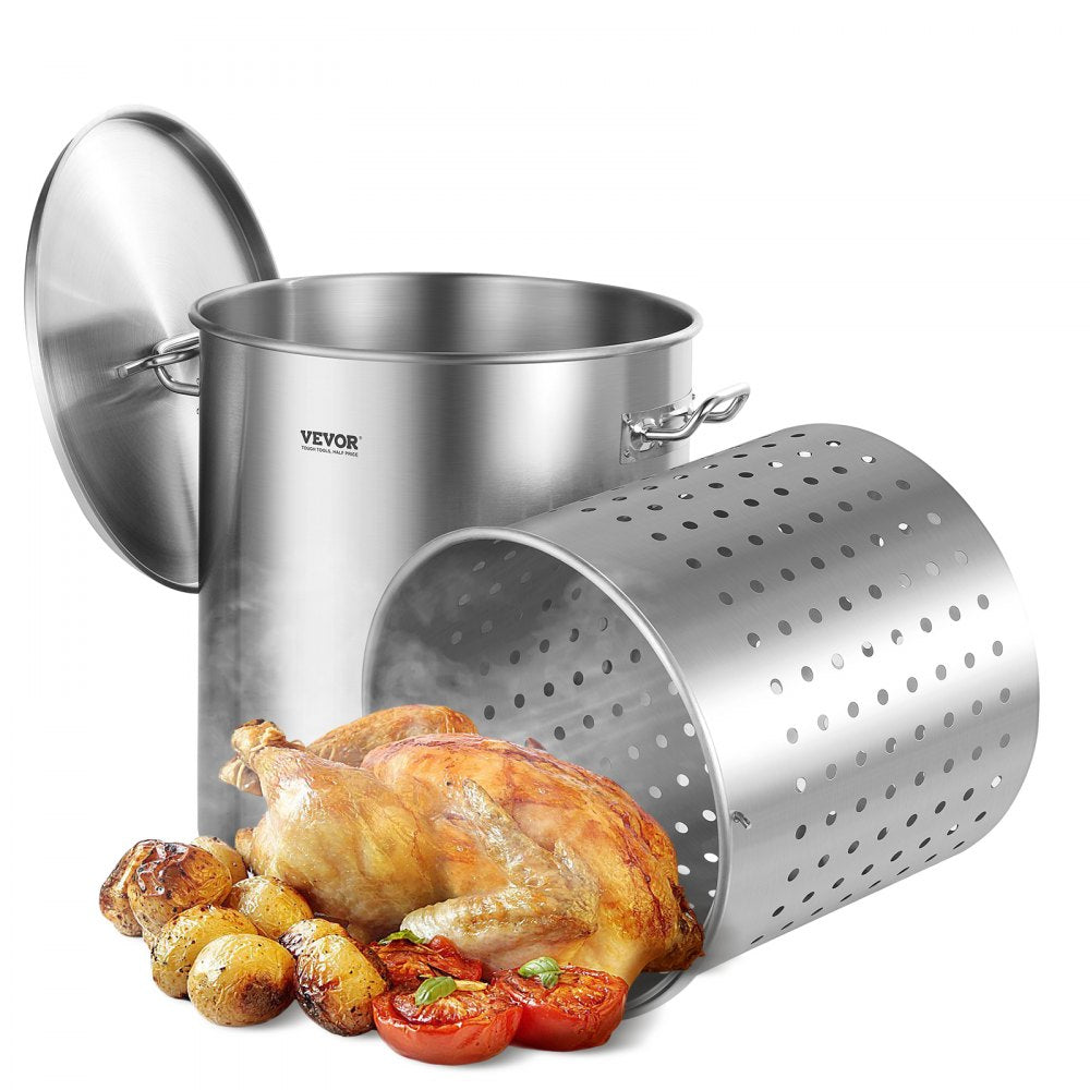 VEVOR Stainless Steel Stockpot, 54L Large Cooking Pots, Cookware Sauce Pot with Basket, Lid, and Handle, Heavy Duty