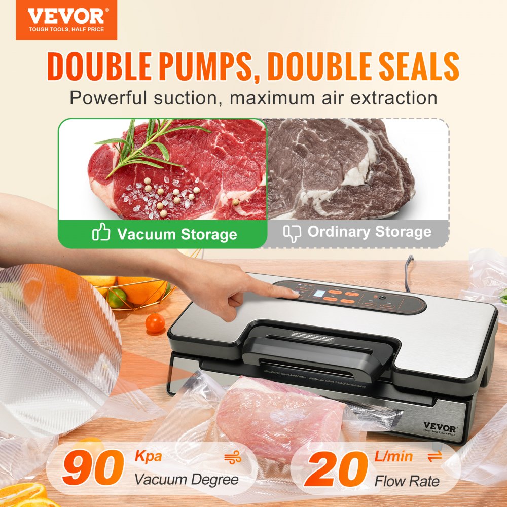 VEVOR Vacuum Sealer Machine, 90Kpa 130W Powerful Dual Pump and Dual Sealing, Dry and Moist Food Storage, Automatic and