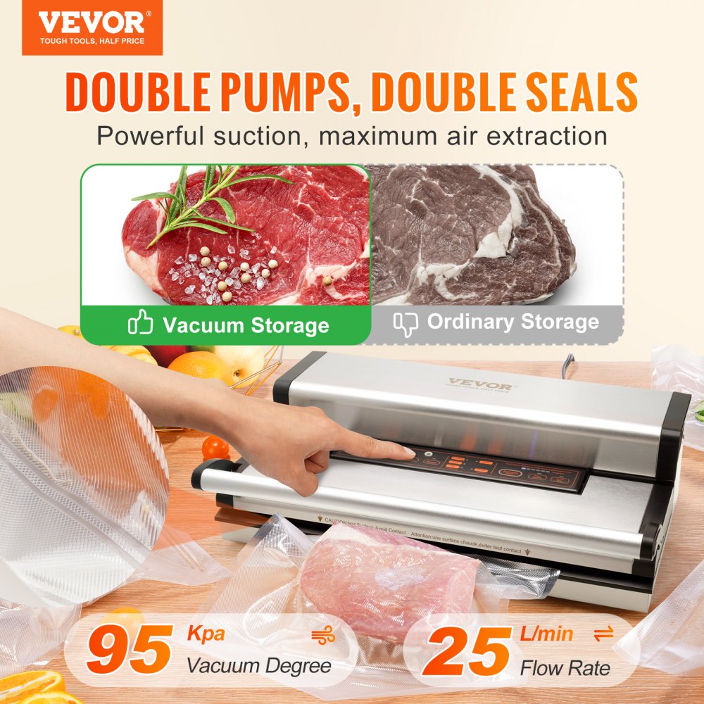 VEVOR Vacuum Sealer Machine, 95Kpa 350W Powerful Dual Pump and Dual Sealing, Dry and Moist Food Storage, Automatic and