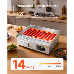 VEVOR Commercial Electric Griddle, 1750W, 122-570°F Adjustable Temp Control, with 2 Spatulas, 2 Brushes and 4 Foot