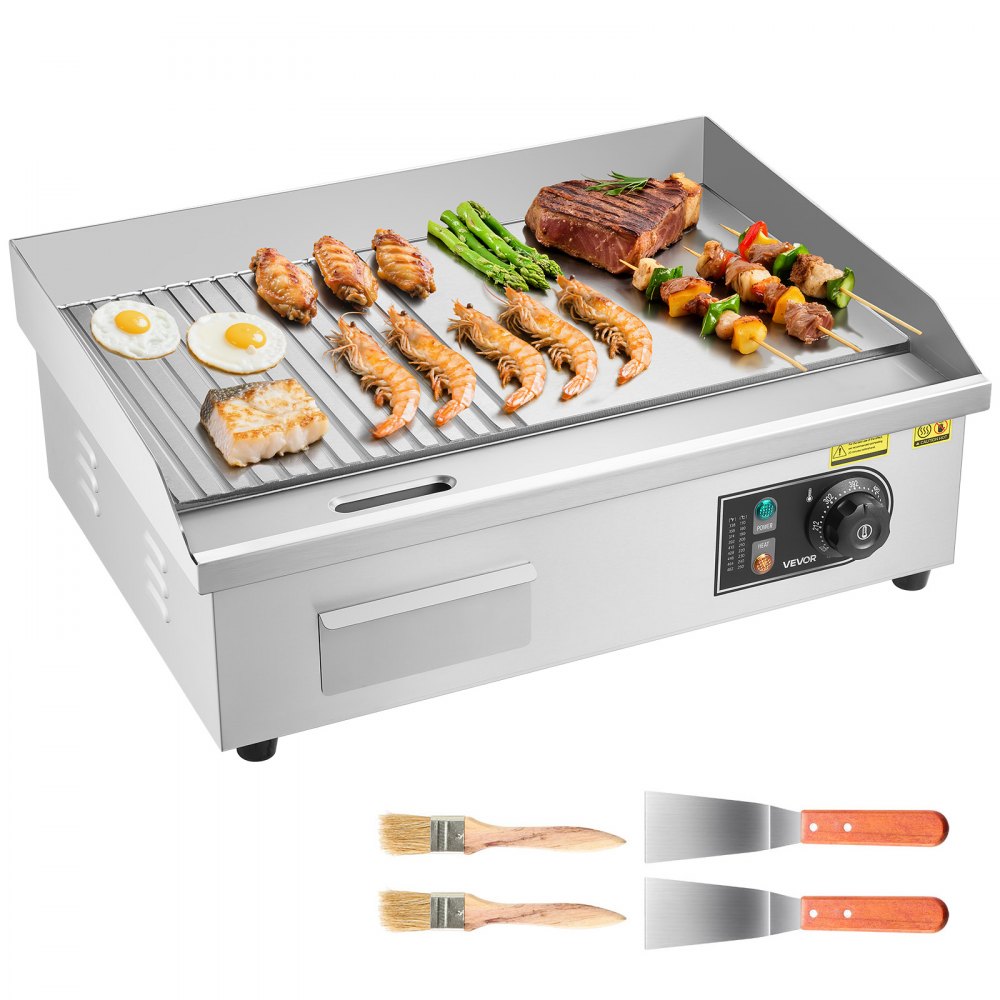VEVOR Commercial Electric Griddle, 21.06 x 11.81 inch, 1750W, 122-570°F Adjustable Temp Control, Stainless Steel Body
