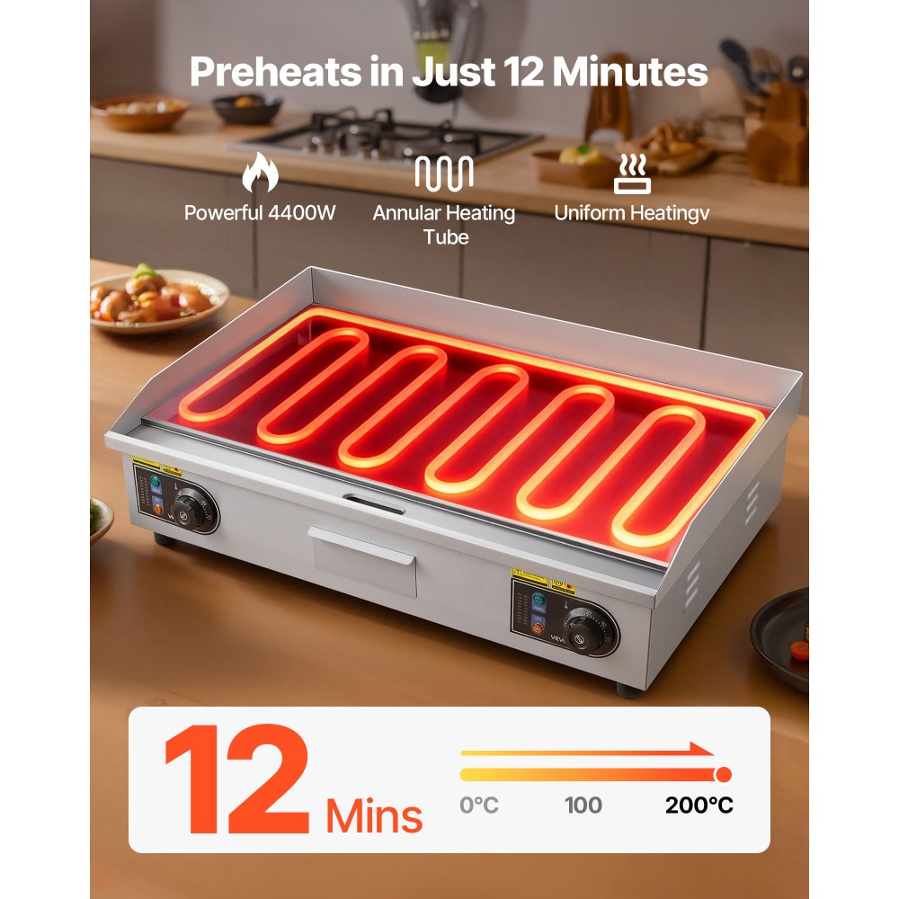 VEVOR Commercial Electric Griddle, 28.54 x 15.75 inches, 4400W, 122-570°F Adjustable Temp Control, Stainless Steel
