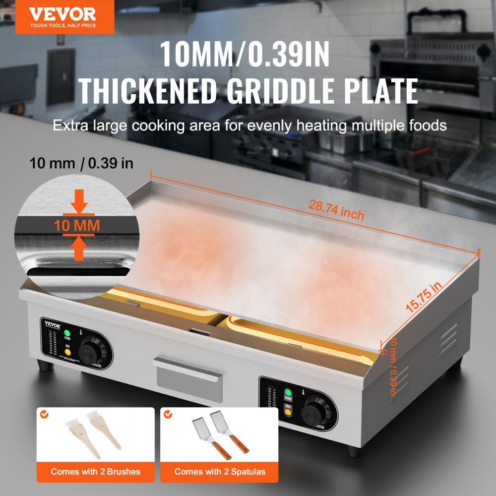 VEVOR Commercial Electric Griddle, 28.54 x 15.75 in, 2800W, 122-570°F Adjustable Temp Control, with 2 Spatulas, 2