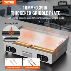 VEVOR Commercial Electric Griddle, 28.54 x 15.75 in, 2800W, 122-570°F Adjustable Temp Control, with 2 Spatulas, 2