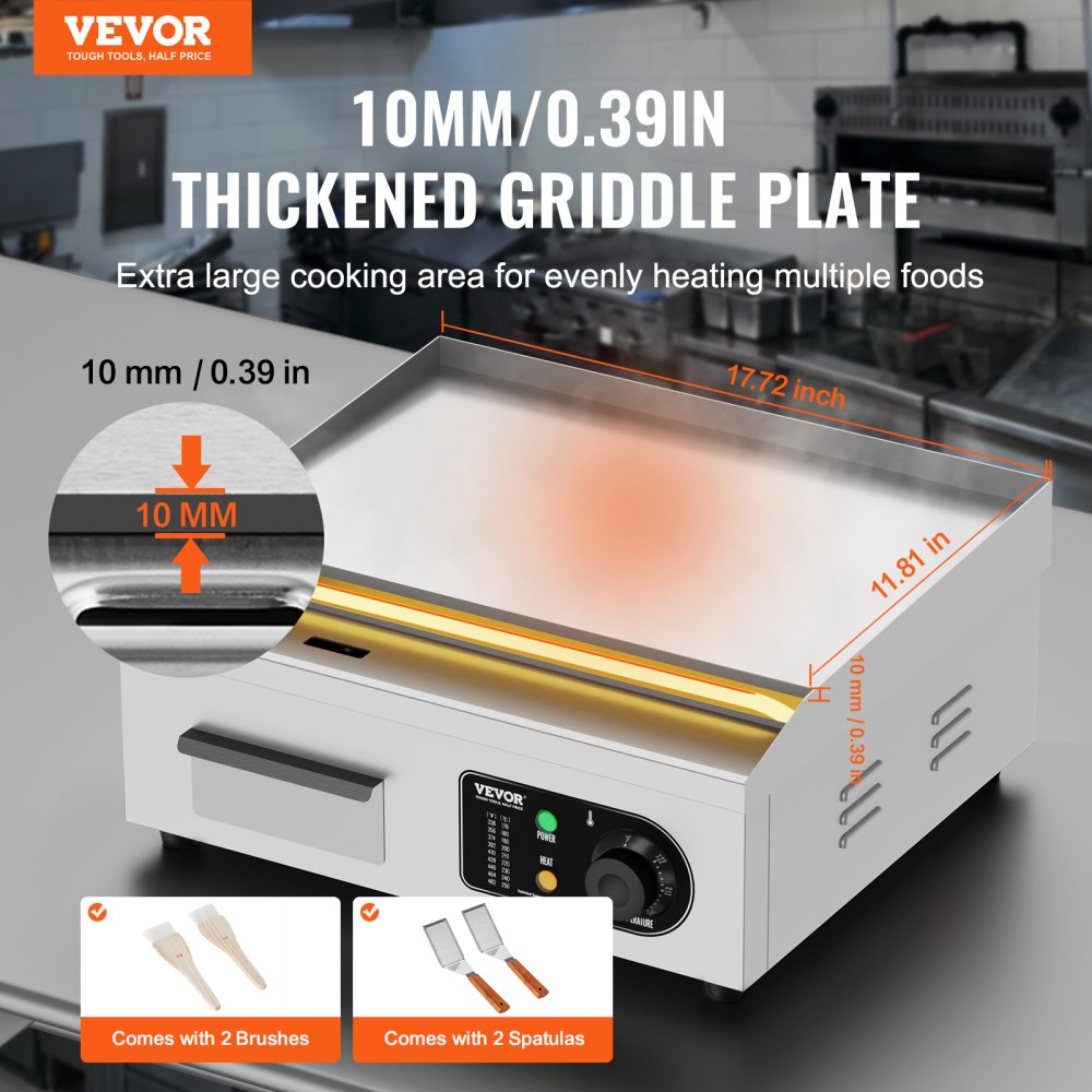 VEVOR Commercial Electric Griddle, 17.72 x 11.81 inch, 1750W, 122-570°F Adjustable Temp Control, with 2 Spatulas, 2