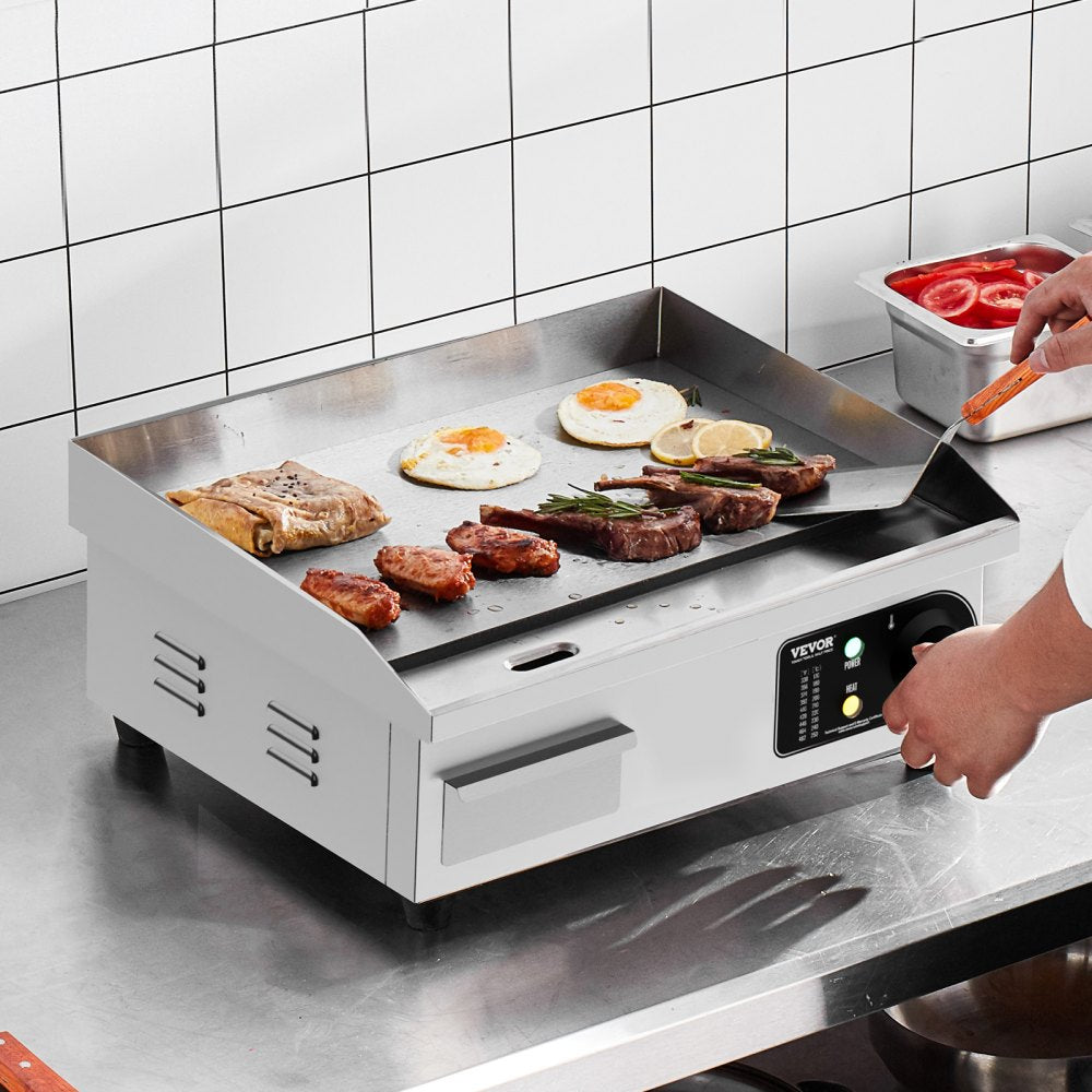 VEVOR Commercial Electric Griddle, 17.72 x 11.81 inch, 1750W, 122-570°F Adjustable Temp Control, with 2 Spatulas, 2